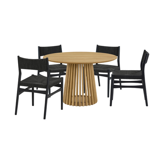 Five Piece Oak Round Dining Set with Four Chairs