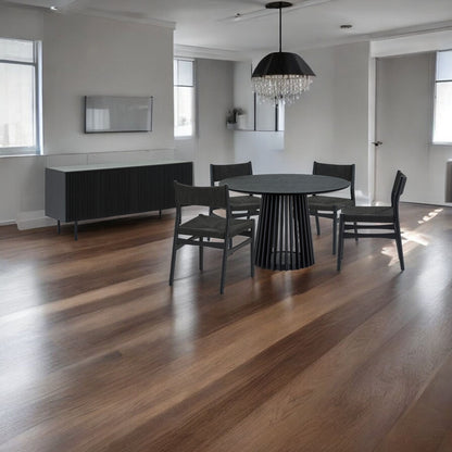 Six Piece Black Round Dining Set with Four Chairs and Sideboard