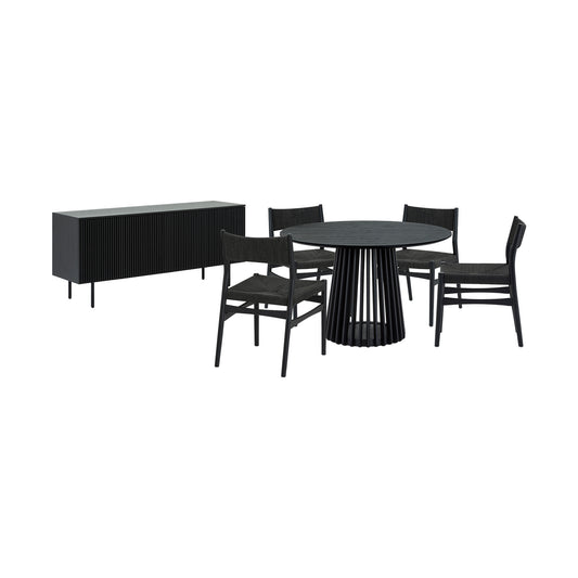 Six Piece Black Round Dining Set with Four Chairs and Sideboard