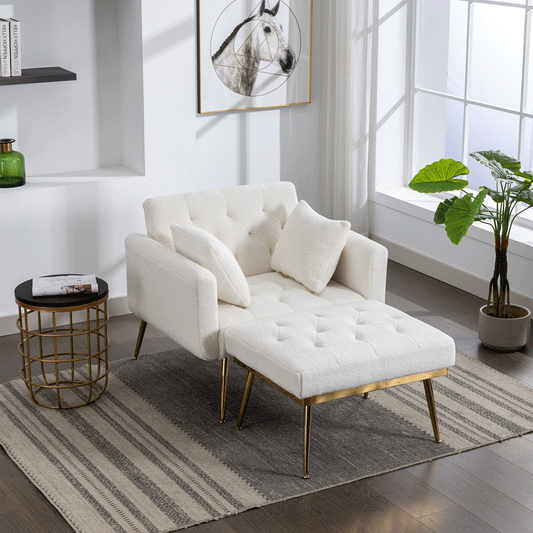 Wide Modern Accent Chair with Adjustable Backrest - Ivory Tufted Chaise Lounge & Ottoman