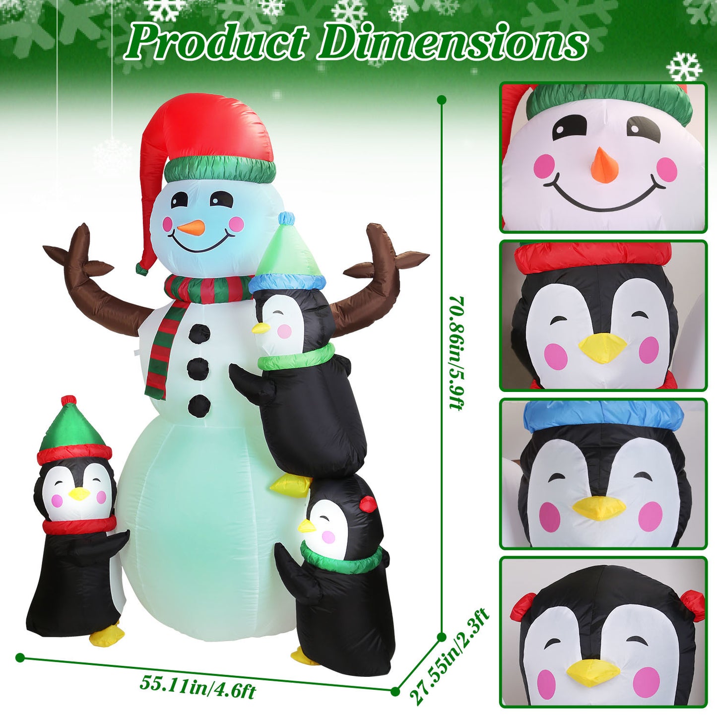 5.9FT Christmas Inflatable Outdoor Snowman & Penguin Decoration - LED Light Blow Up Yard Decor with Built-in Air Blower