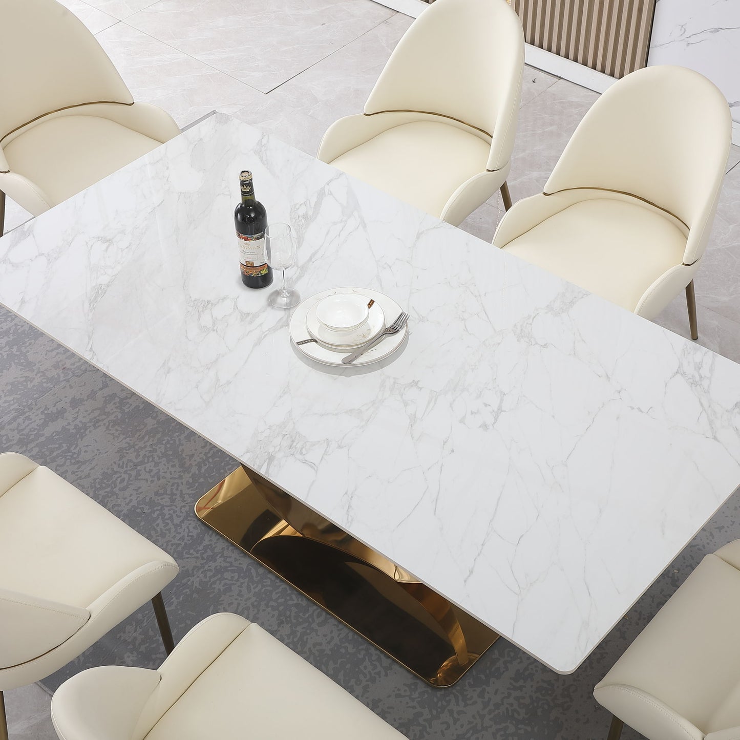 71-Inch Stone Dining Table with Carrara White Color and Round Carbon Steel Pedestal Base, Includes 6 Chairs