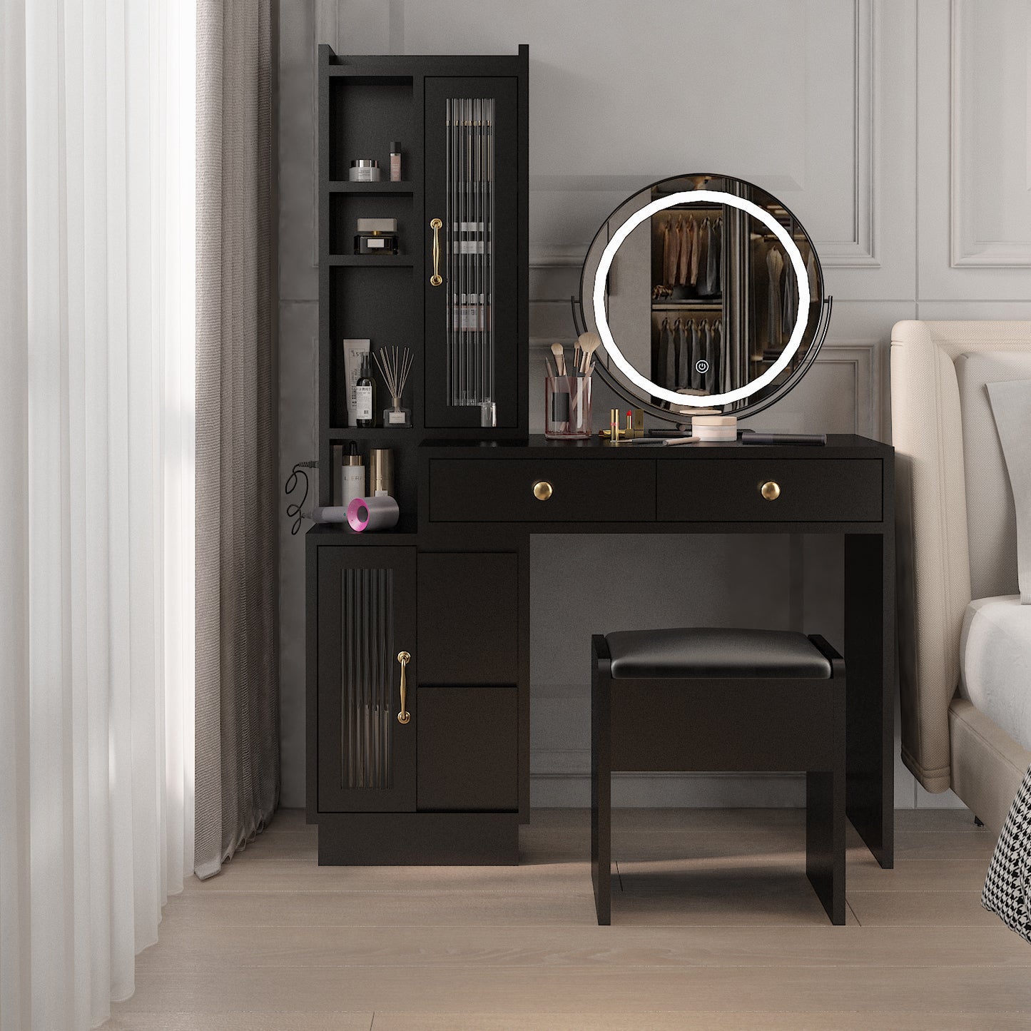 Makeup Vanity Table & Slim Armoire Wardrobe Set - Black, LED Mirror & Power Outlets