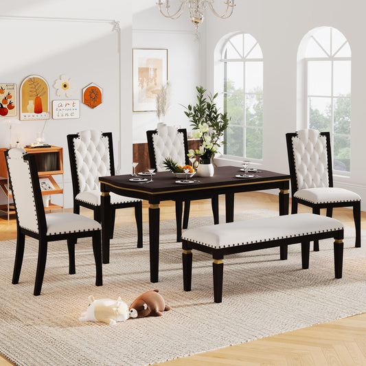 6-Piece Kitchen Dining Table Set - Rectangular Table, High-Back Tufted Chairs & Bench (Espresso)