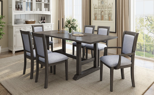 7-Piece Extendable Trestle Dining Table Set - Grey, 76.9" with Removable Leaf