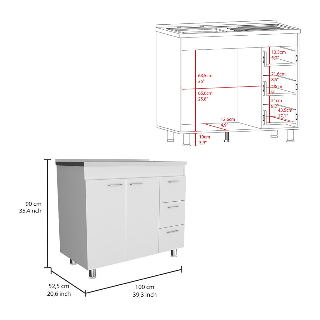 Base Cabinet with Three Drawers & Double Door - White