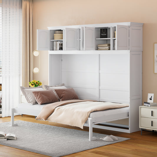 Queen Size Murphy Bed with Top Cabinets - White Wall Bed