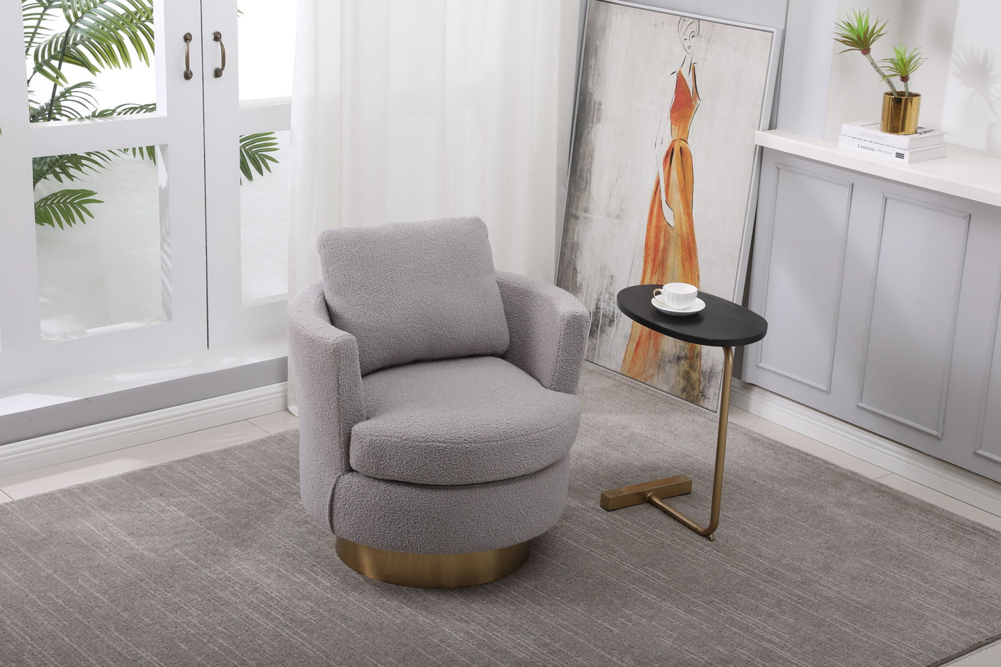 Swivel Barrel Chair with Gold Stainless Steel Base, Gray Accent Chair