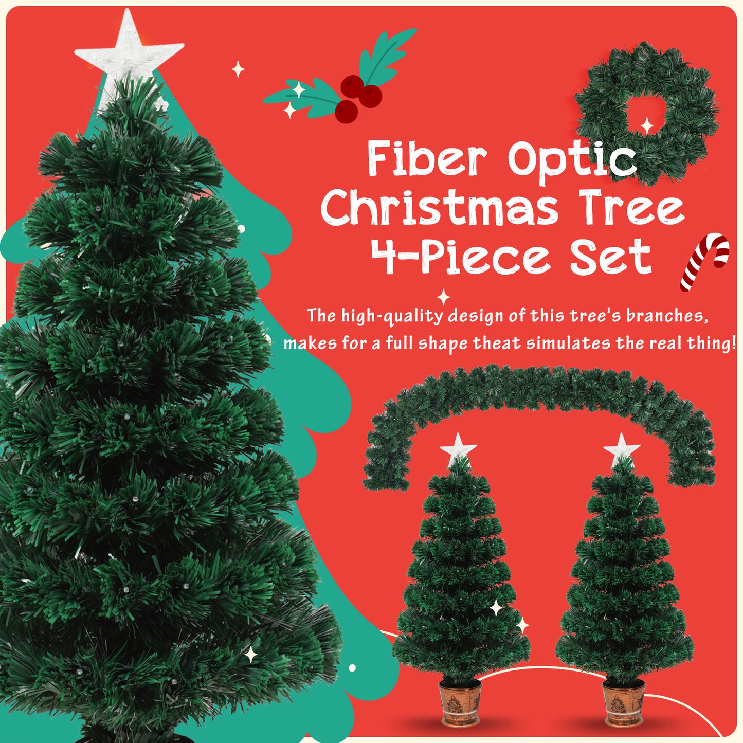 Pre-lit Optical Fiber Christmas Artificial Tree 4-Piece Set - Garland, Wreath, 2 Entrance Trees with Colorful Lights