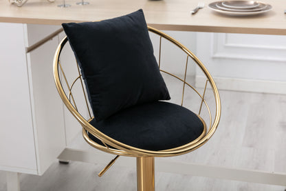 Black Velvet Bar Chair Set of 2 - Pure Gold Plated, 360° Rotation, Adjustable Height