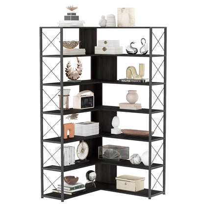 7-Tier L-Shaped Corner Bookcase - Industrial Style Home Office Bookshelf