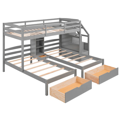 Triple Twin Bunk Bed with Drawers & Storage Staircase