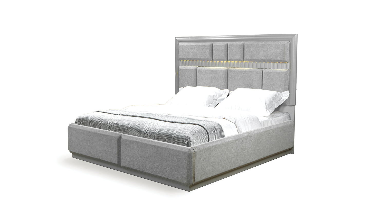 Da Vinci Modern Style King Bed - Wood, Gray with LED-Lit Headboard