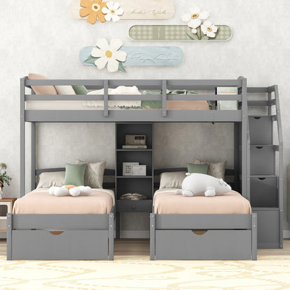 Triple Twin Bunk Bed with Drawers & Storage Staircase