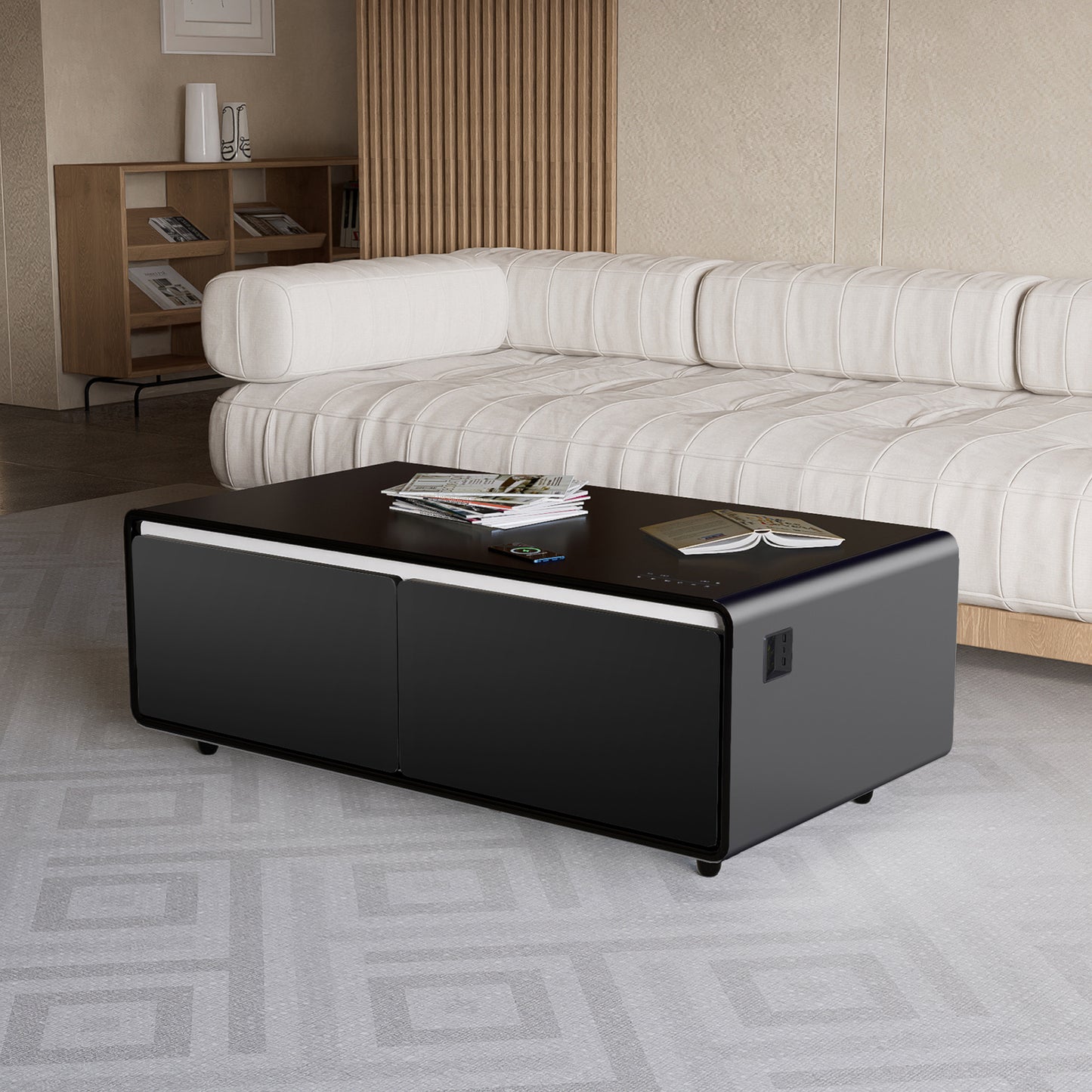 Modern Smart Coffee Table - Built-in Fridge, Bluetooth Speaker, Wireless Charging, Black