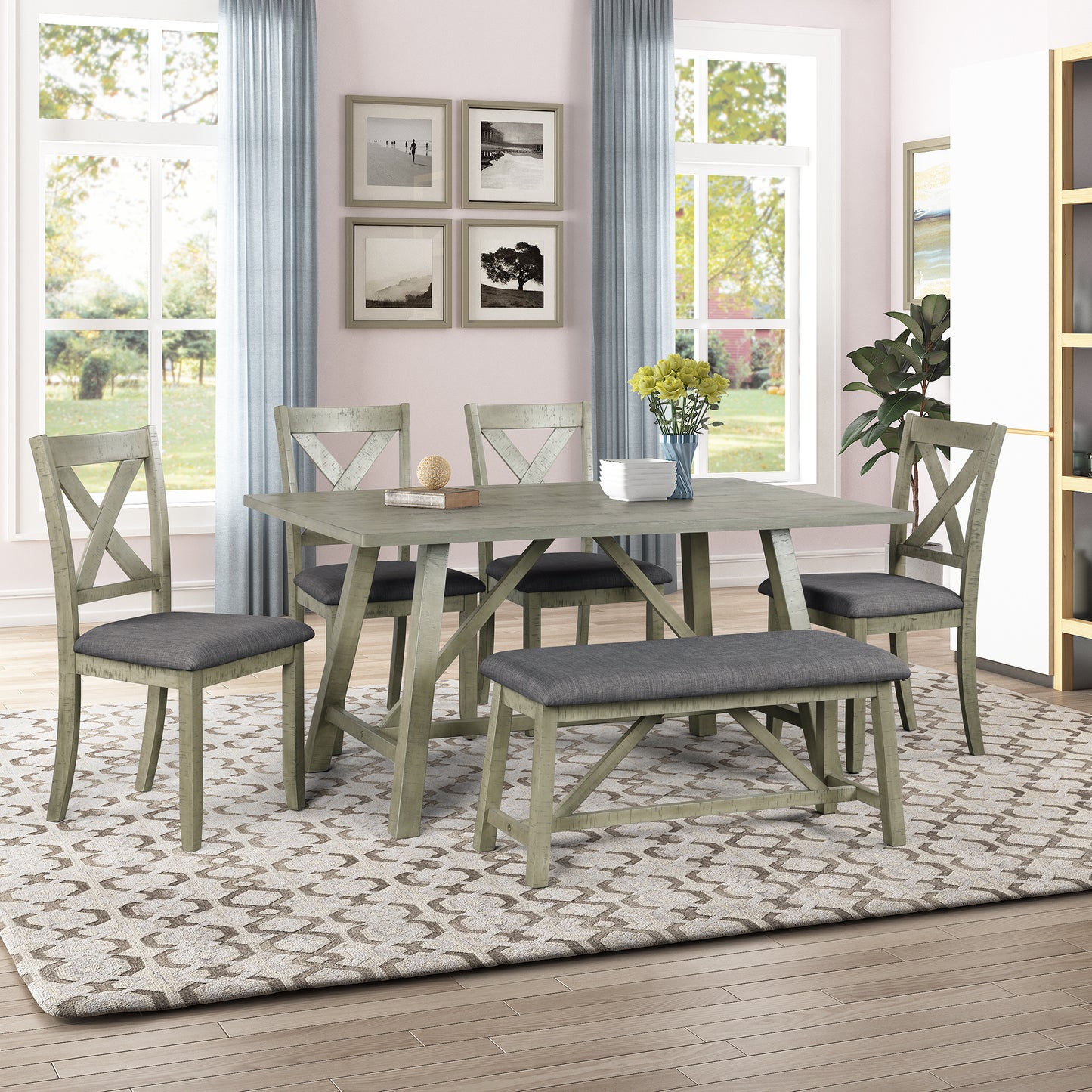 6-Piece Rustic Dining Table Set - Table, Bench & 4 Chairs