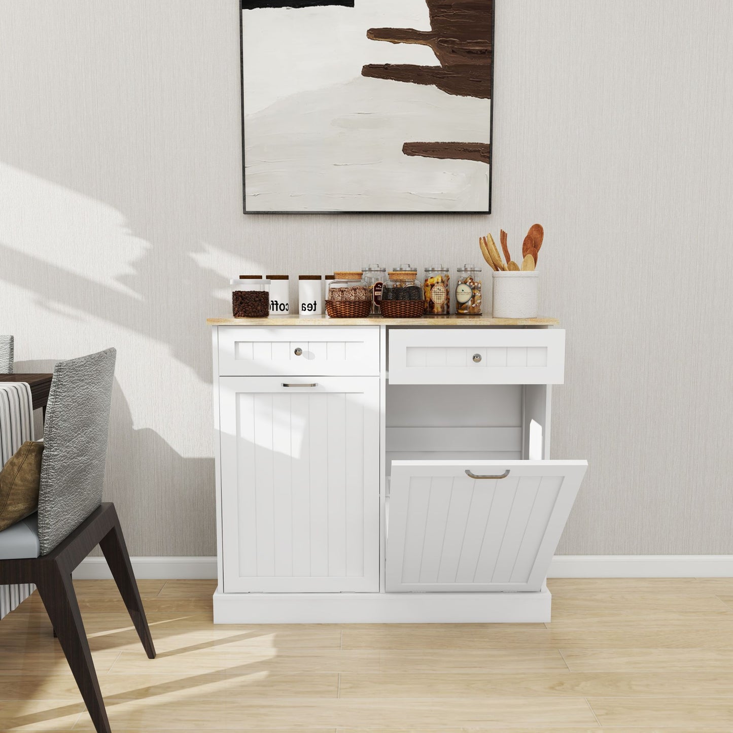 Kitchen Trash Cabinet with Tilt-Out Design - White, Two Drawers & Two Compartments