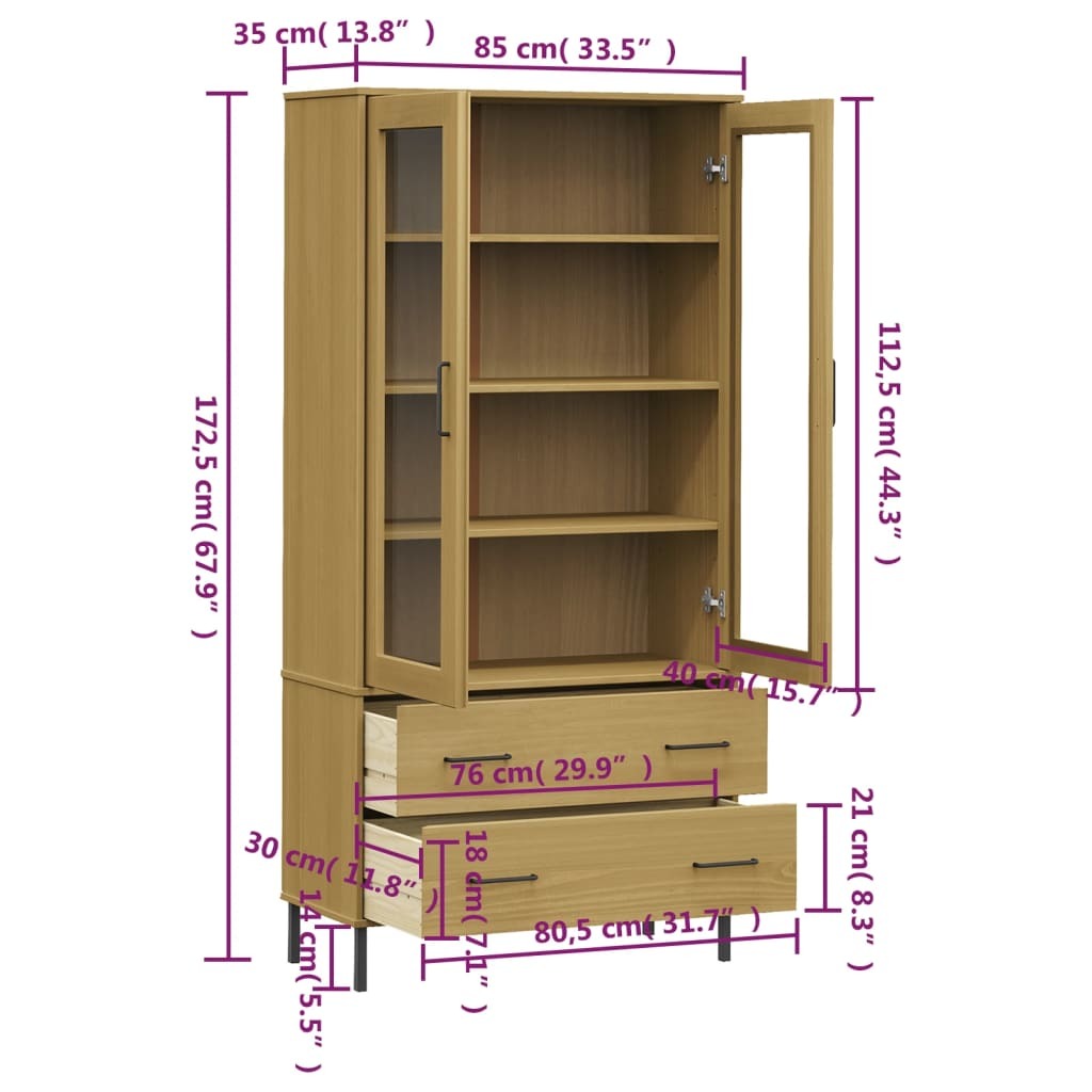 Solid Wood Bookcase with Metal Legs - 33.5"x13.8"x67.9"