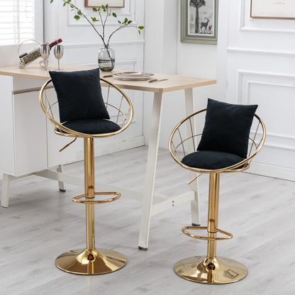 Black Velvet Bar Chair Set of 2 - Pure Gold Plated, 360° Rotation, Adjustable Height