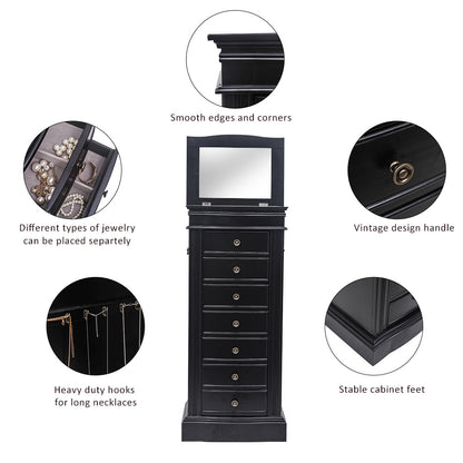 Jewelry Armoire with Mirror, 7 Drawers & 24 Necklace Hooks - Black