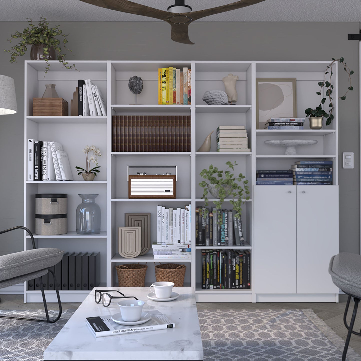 2-Door Bookcase with Varied Storage Solutions | Chic White Finish