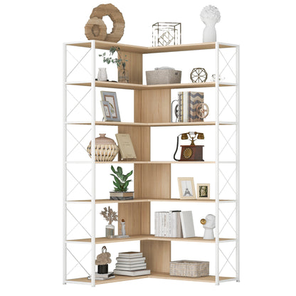 7-Tier L-Shaped Corner Bookcase - Industrial Style Home Office Bookshelf