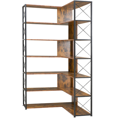 7-Tier L-Shaped Corner Bookcase - Industrial Style Home Office Bookshelf