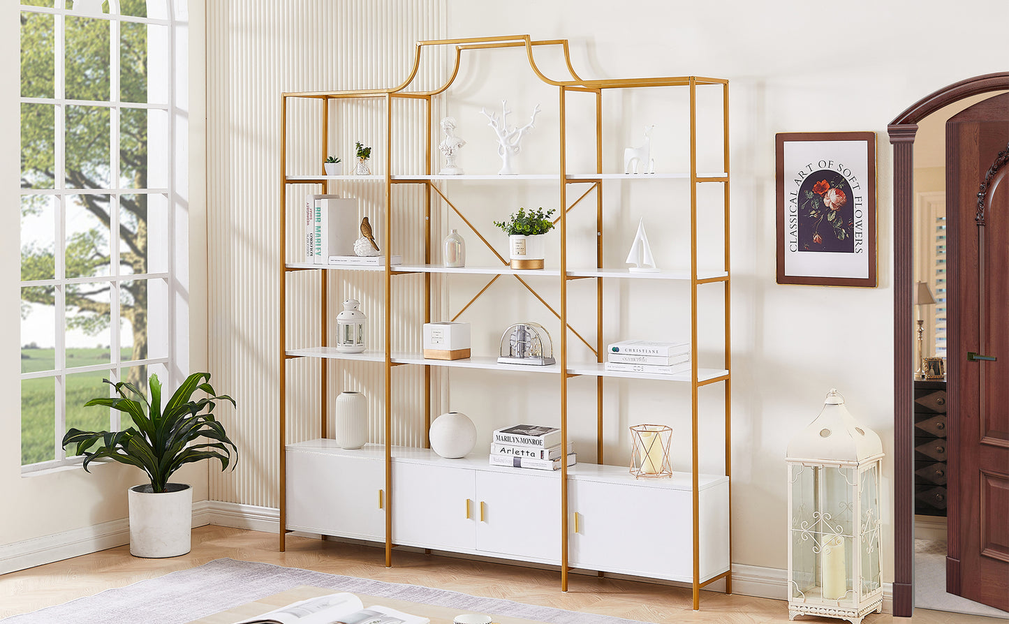 78-Inch 4-Tier Bookcase with Storage Cabinet - Gold Frame