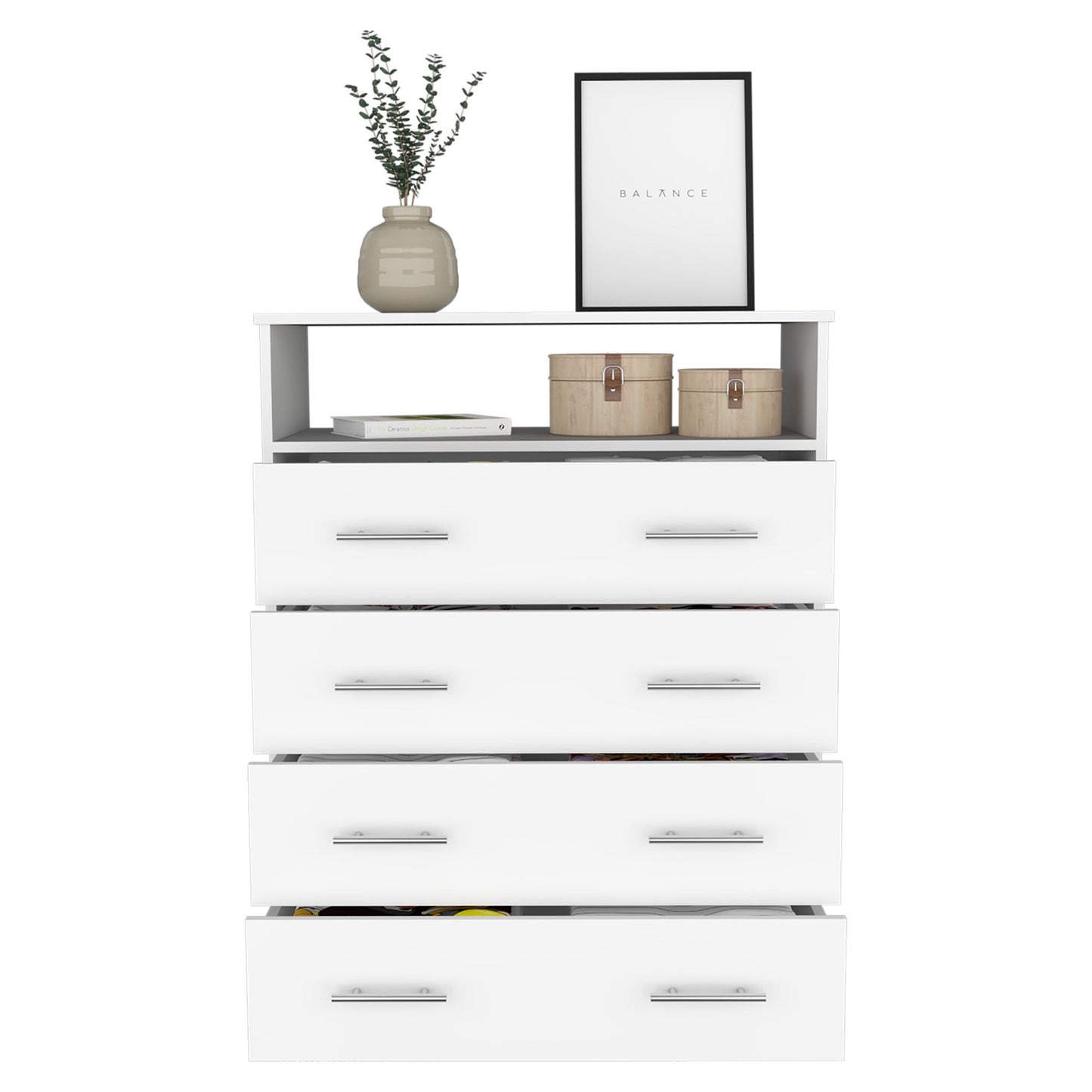 Four Drawer Bedroom Dresser in White | Open Top Shelf