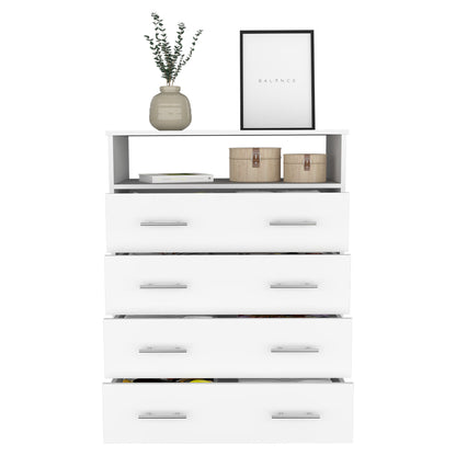 Four Drawer Bedroom Dresser in White | Open Top Shelf