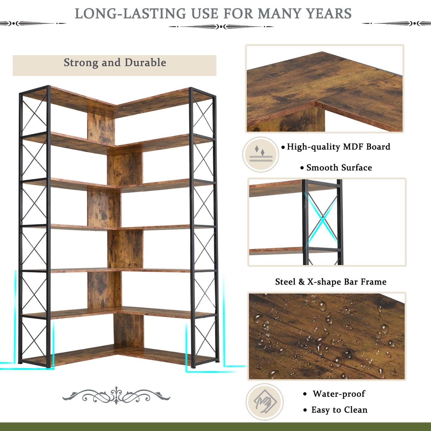 7-Tier L-Shaped Corner Bookcase - Industrial Style Home Office Bookshelf