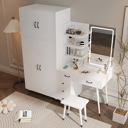 Makeup Vanity Table & Large Armoire Wardrobe Set - White, LED Mirror & Power Outlets