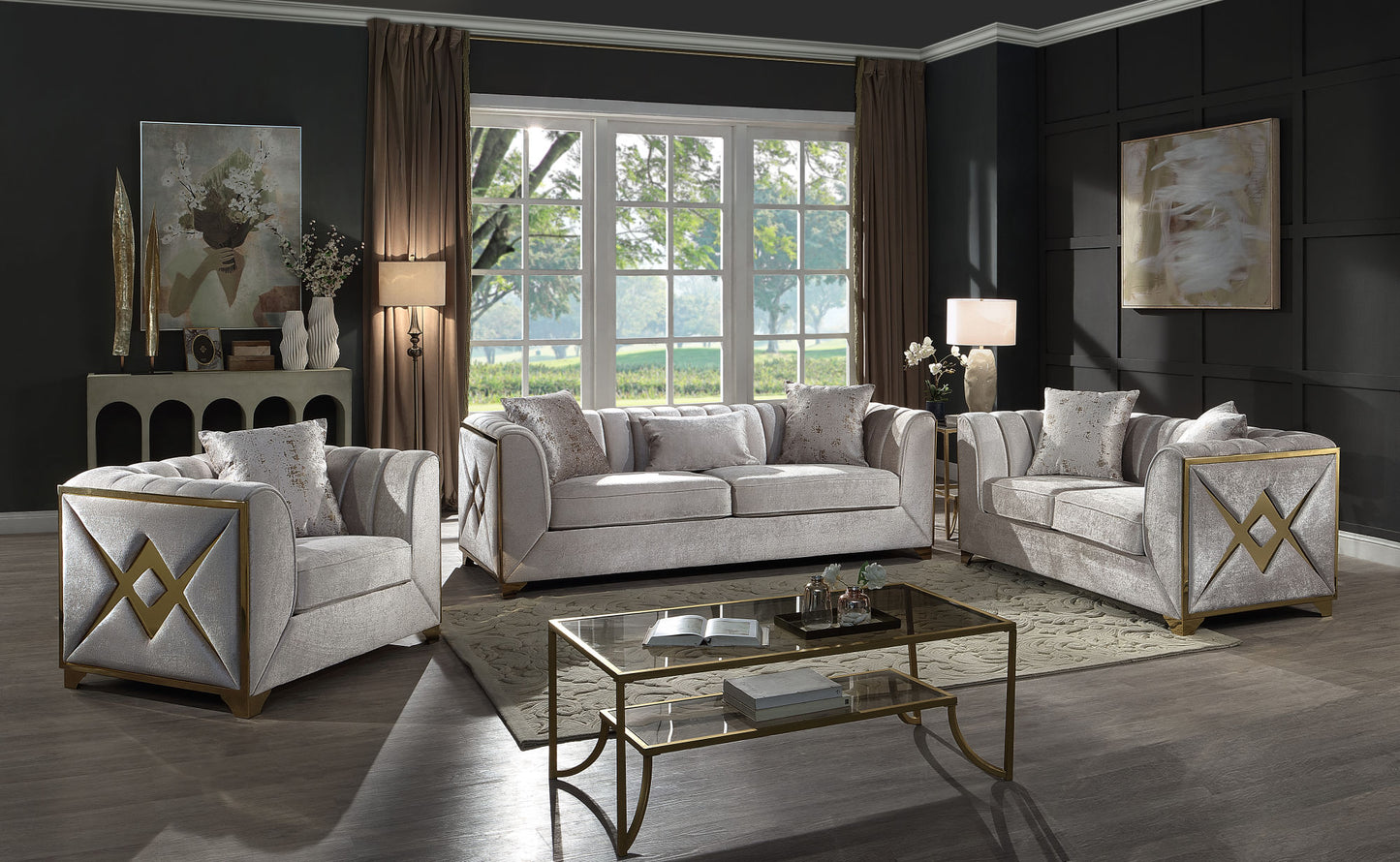 Velencia 3Pc Modern Living Room Set in Cream - Sofa, Loveseat, and Chair