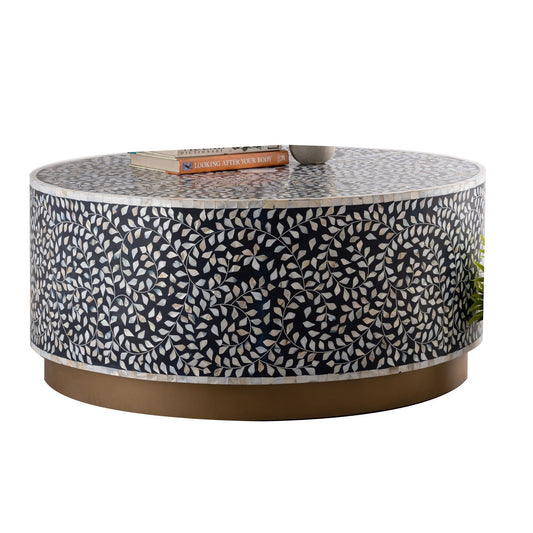 Luxe Navy & Gold Circular Coffee Table - Elegant Floral Pattern Design