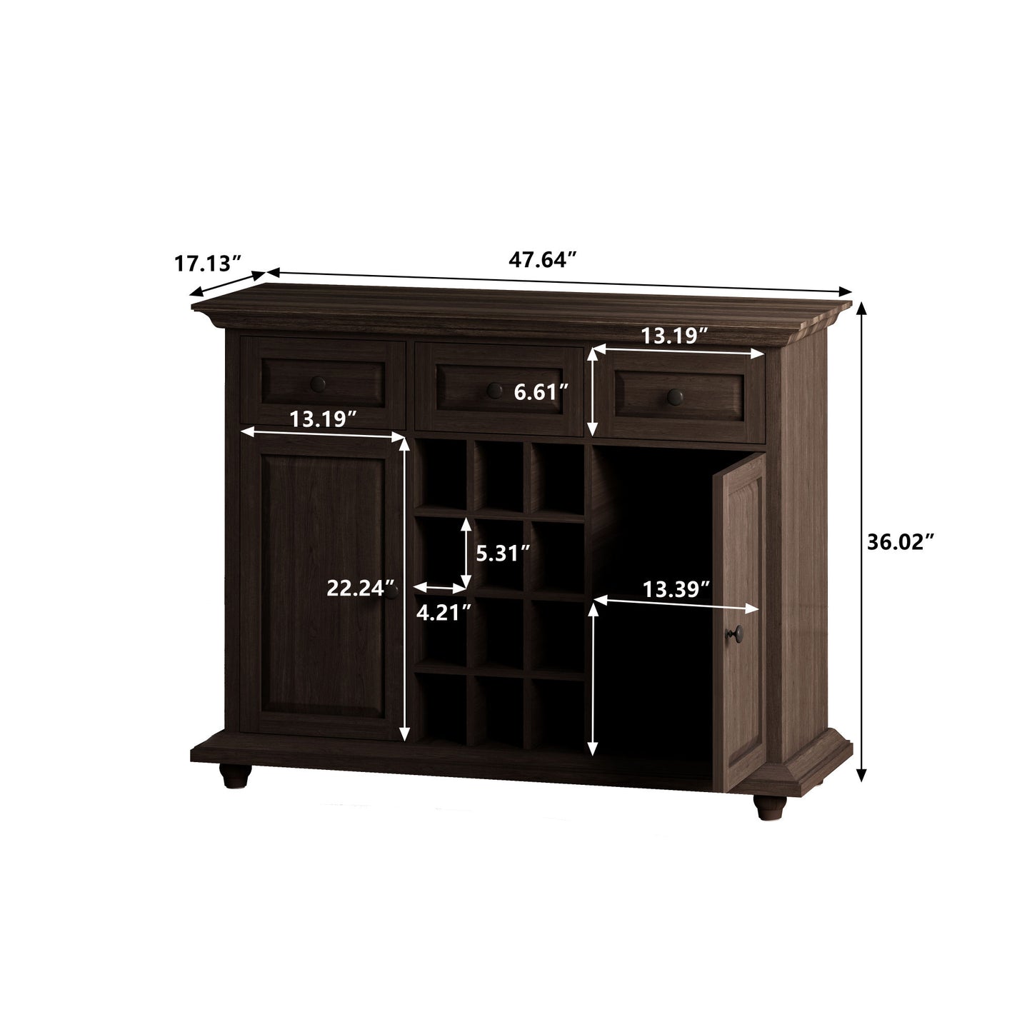 Vintage Style 3-Drawer 2-Door Storage Cabinet with 12-Grid Wine Rack