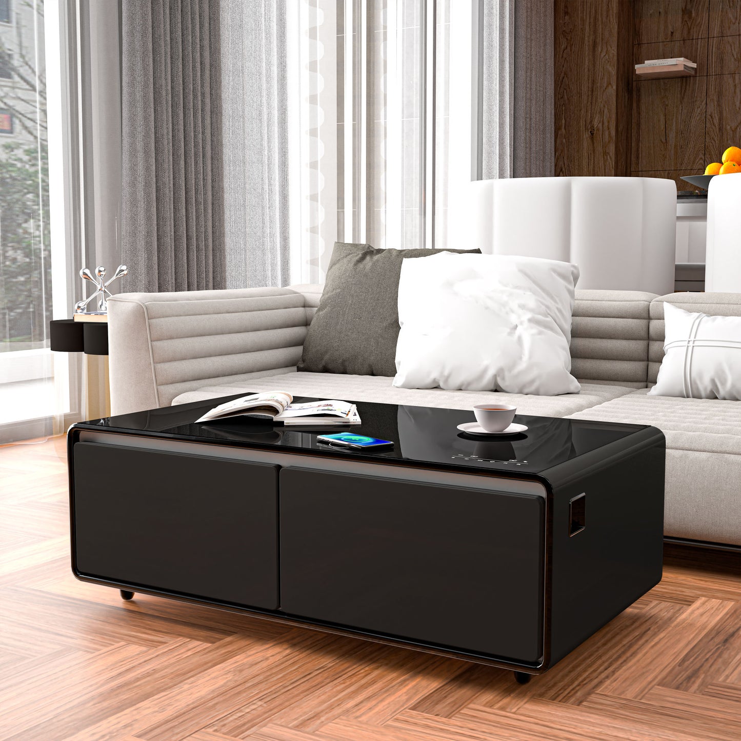 Modern Smart Coffee Table - Built-in Fridge, Bluetooth Speaker, Wireless Charging, Black