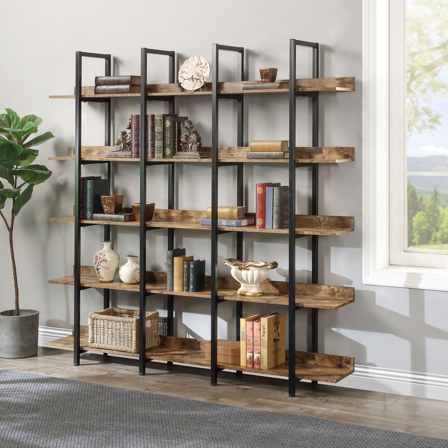 5-Tier Bookcase - Vintage Industrial Bookshelf with Metal Frame