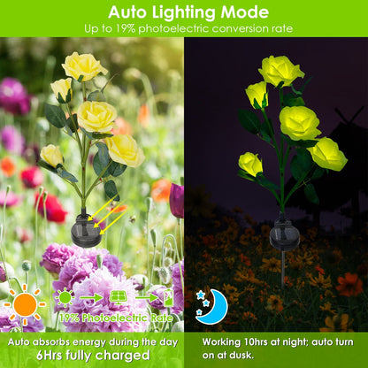 2Pcs Solar Powered Rose Flower LED Pathway Lights - Water Resistant