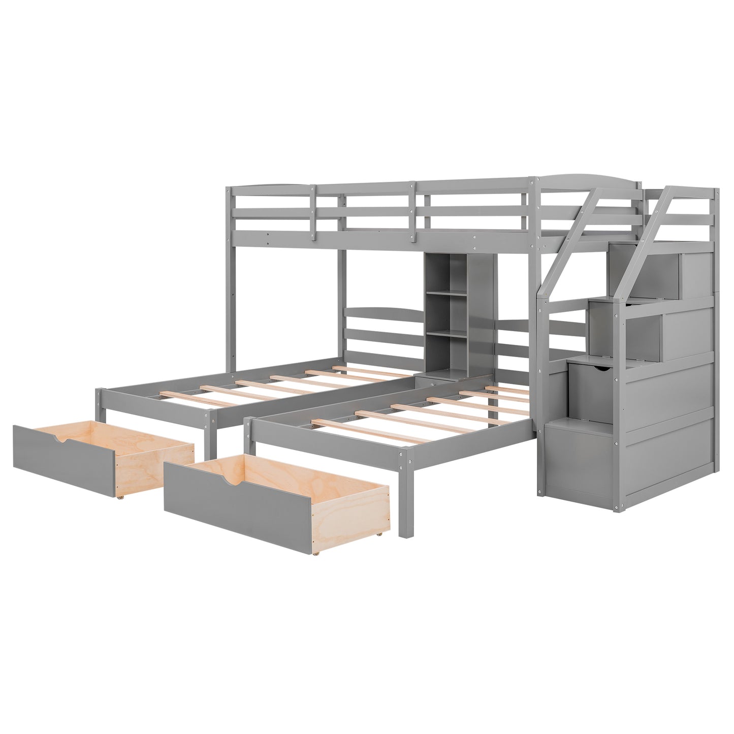 Triple Twin Bunk Bed with Drawers & Storage Staircase