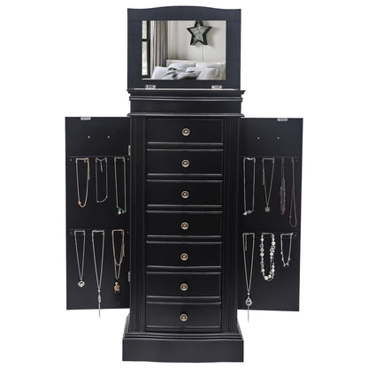 Jewelry Armoire with Mirror, 7 Drawers & 24 Necklace Hooks - Black