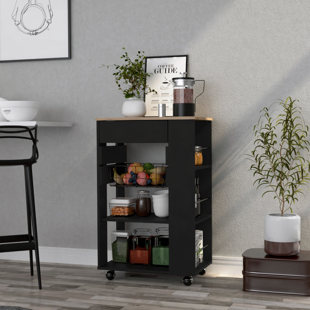 Kitchen Cart with One Drawer, Two Open Shelves, Four Casters, Black Light Oak Finish