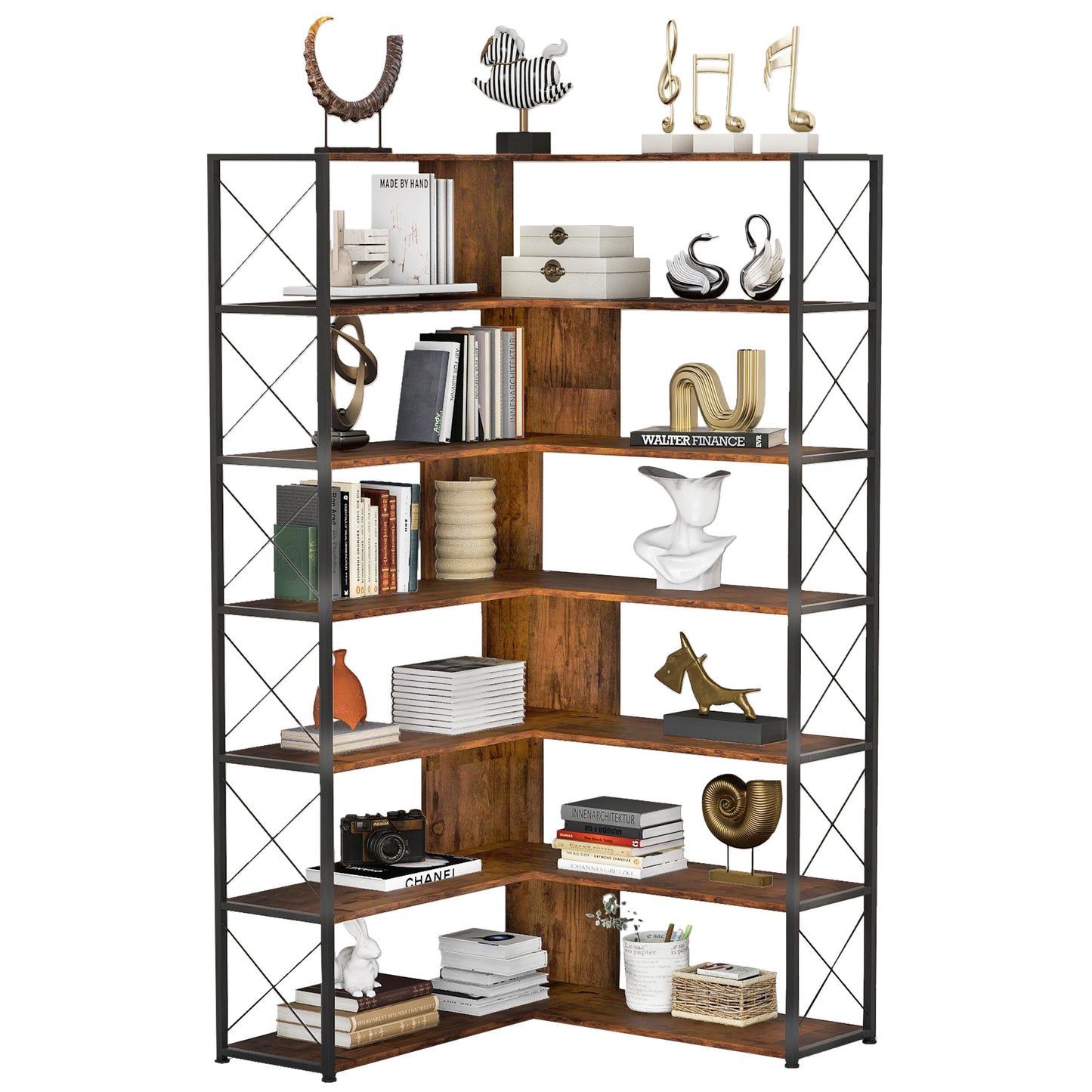 7-Tier L-Shaped Corner Bookcase - Industrial Style Home Office Bookshelf