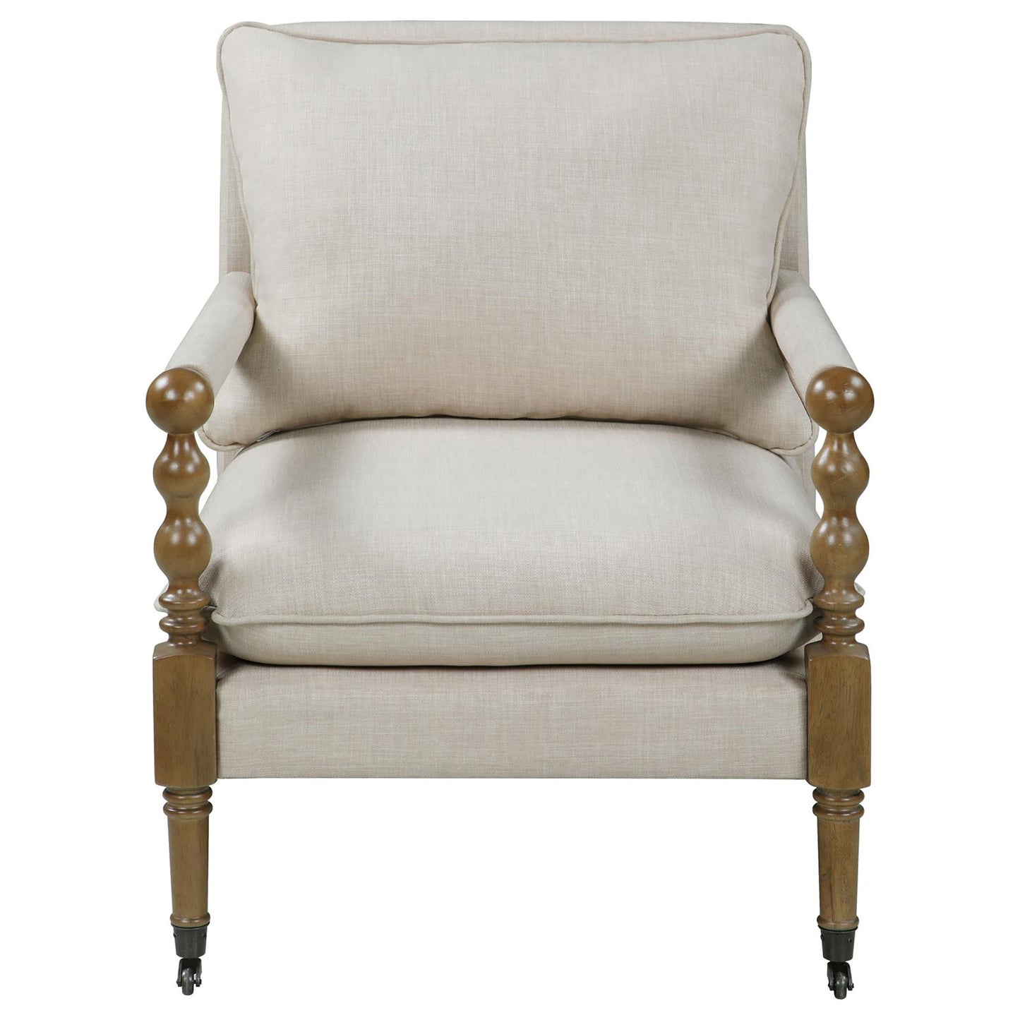 Beige Wooden Accent Chair with Turned Legs - Elegant & Mobile Design