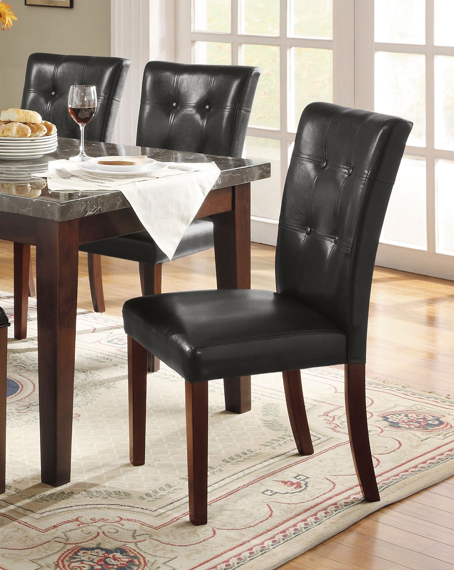 Dark Cherry 7pc Dining Set - Marble Top Table & Faux Leather Chairs