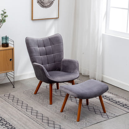 Silky Velvet Tufted Accent Chair with Ottoman - Gray