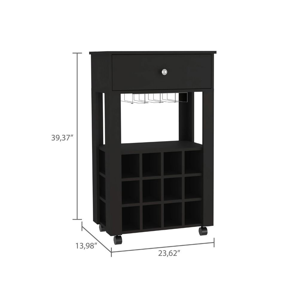 39" H Black Bar-Coffee Cart - Kitchen or Living Room Storage Cabinet