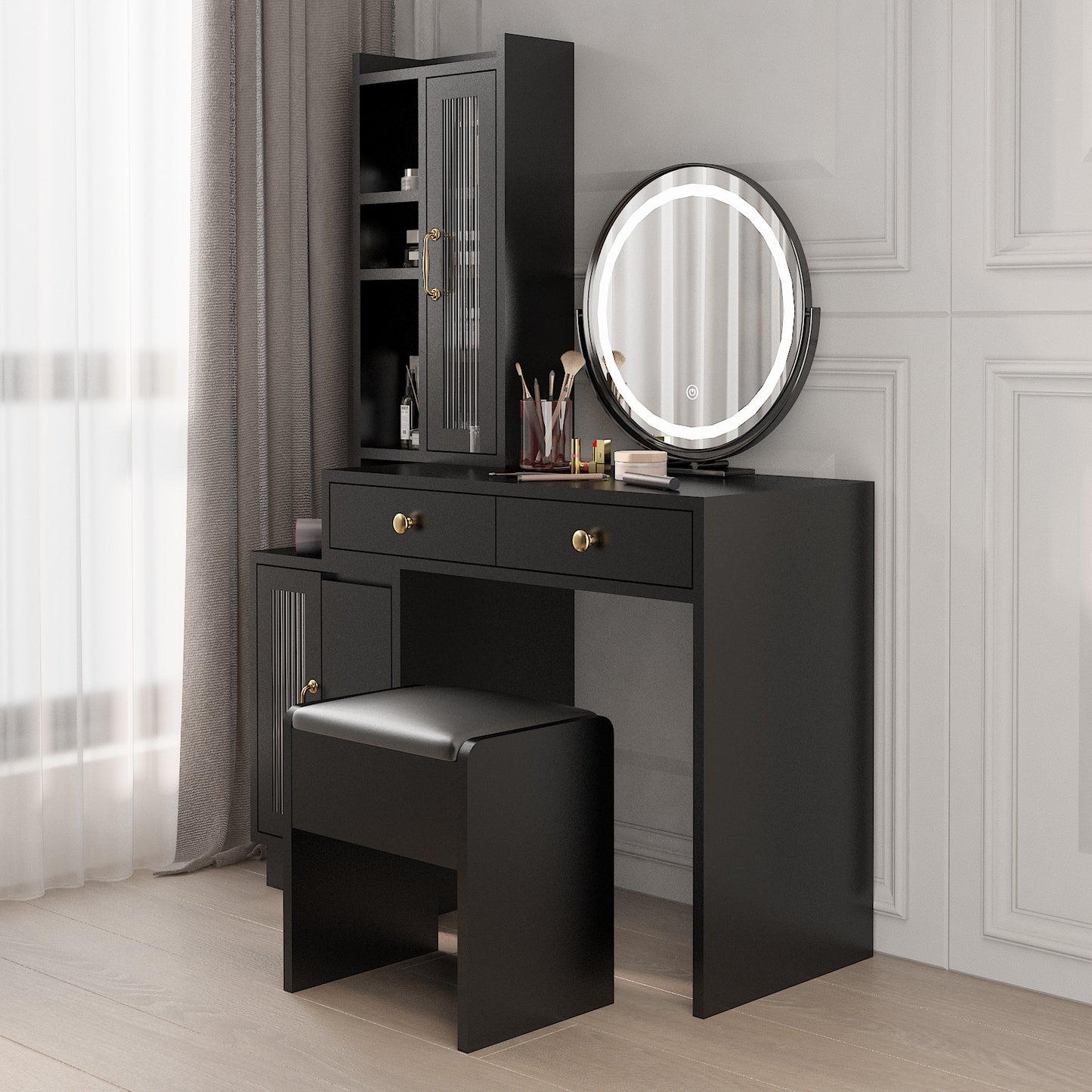 Makeup Vanity Table & Slim Armoire Wardrobe Set - Black, LED Mirror & Power Outlets