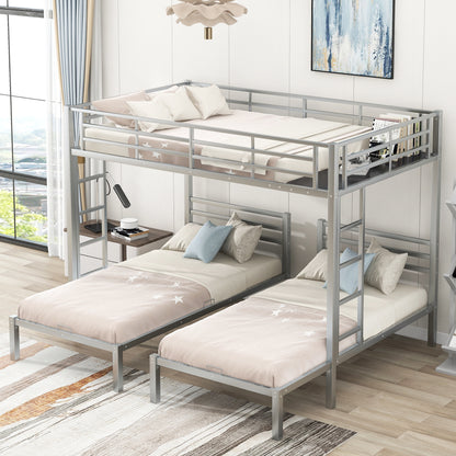 Full over Twin & Twin Size Bunk Metal Bed with Built-in Shelf