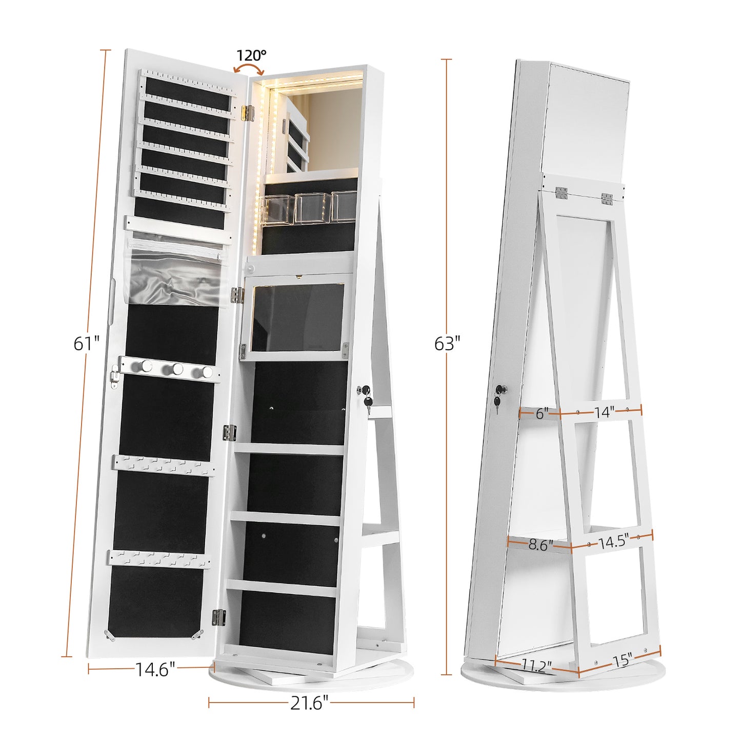 Jewelry Armoire with Full Length 360° Mirror - Lockable Jewelry Organizer