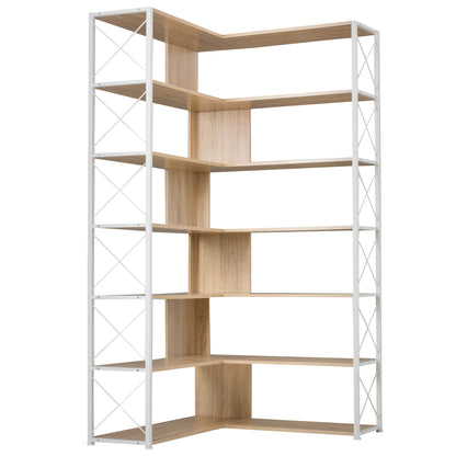 7-Tier L-Shaped Corner Bookcase - Industrial Style Home Office Bookshelf